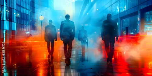 Businessmen in foggy cityscape symbolize sacrifices made for financial success. Concept Finance, Sacrifice, Cityscape, Business, Success