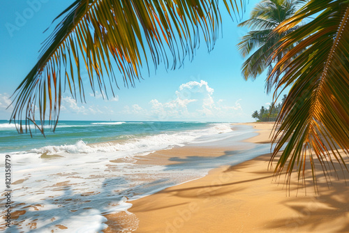 A tropical beach scene with golden sand and gentle waves lapping the shore, framed by swaying palm trees under a clear, sunny sky