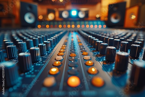 A close up of a sound board with many knobs and buttons. Scene is focused and professional, as it is a close up of a sound board used for recording