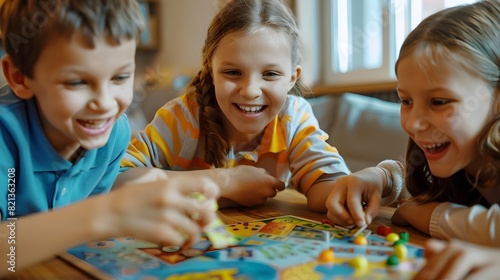 Children happily play a board game. Boy and girls laugh and actively play at the table