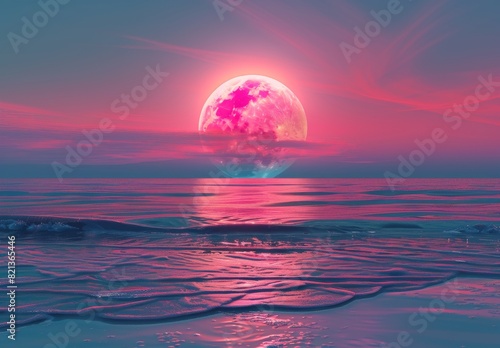 Generate an AI-created retro-futuristic synthwave-style beach sunset with a colorful background and a super moon. Ideal for backgrounds, wallpapers, futuristic websites, posters, and banners.