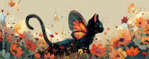cat with butterfly wings flutters through a field of oversized flowers, its tail trailing behind like a colorful streamer.