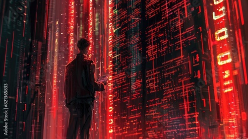 The image shows a man standing in a room with red lights on the walls. He is looking at a screen with a lot of data on it. The image is dark and mysterious, and it is not clear what the man is doing.