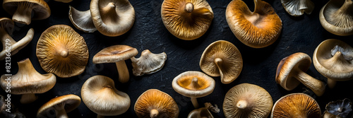 A high-quality image displaying a variety of mushrooms with distinctive textures and colors on a dark backdrop