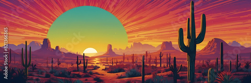 An artistic representation of a desert scene with cacti and mountains against a striking sunset and large sun