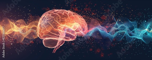 Illustration of human brain with sound waves pattern