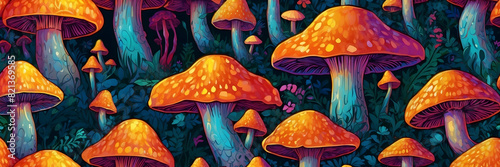 An enchanting illustration of mushrooms in a colorful forest, exuding a magical vibe with rich colors and details