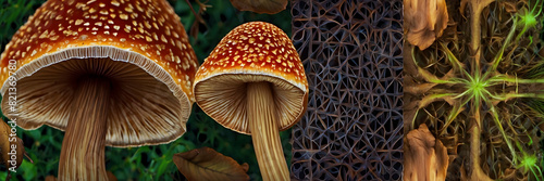 Side view of two Amanita muscaria mushrooms with detailed gills and forest floor texture