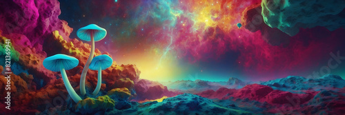 A fantastical cosmic landscape with glowing mushrooms, vibrant colors, and a celestial backdrop