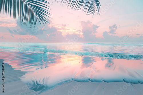 A tropical beach at sunrise, with soft pastel hues reflecting on the water and pristine sand, palm fronds swaying in the morning breeze