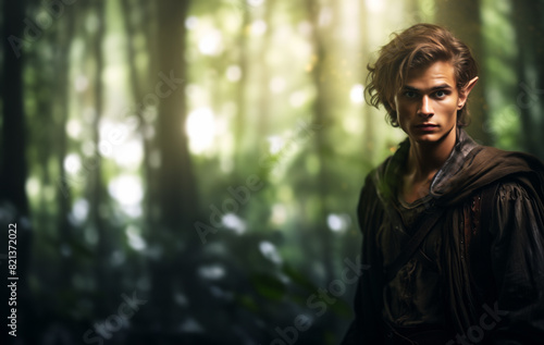 Handsome blond elf man in the fantasy mythical forest.