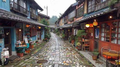Charming cobblestone street in a traditional Japanese town with colorful buildings, lanterns, and cozy shops creating a serene and picturesque atmosphere