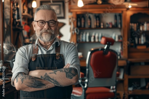 A man with tattoos standing confidently in a barber shop, surrounded by vintage barber tools