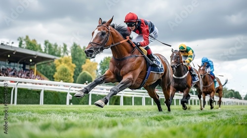 Photograph the adrenaline-pumping moment of a horse racing photo finish under the dramatic backdrop of a thunderstorm, with lightning flashing