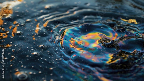 Oil In Water. Iridescent Abstract Colors in Fluid Shapes on Water Surface