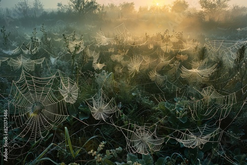 Numerous spider webs adorn a forest meadow, intricately woven and glistening with morning dew