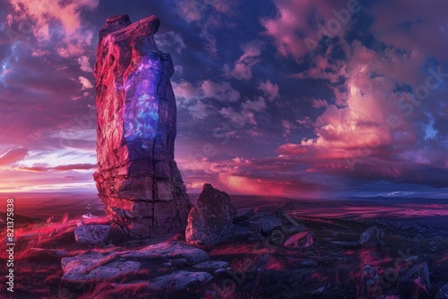 A large rock stands prominently in the middle of a vast field under a pink and XRWOf sky