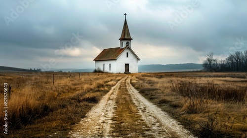 Rural church at the end of a country road - A quaint white church stands at the end of a dirt path in a serene, rural landscape, under a cloudy sky