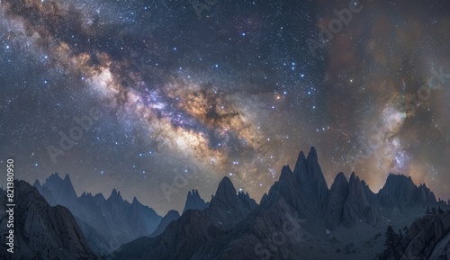 A panoramic view of the Milky Way galaxy over rugged mountain peaks Generative AI