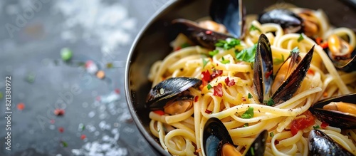 Appetizing bowl of pasta with mussels and parmesan cheese