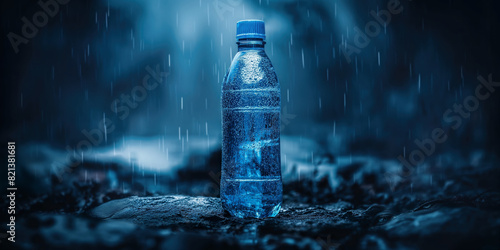 generic plastic water bottle in the middle of jungle nature on a rock mockup with forest and rain drops background as wide banner