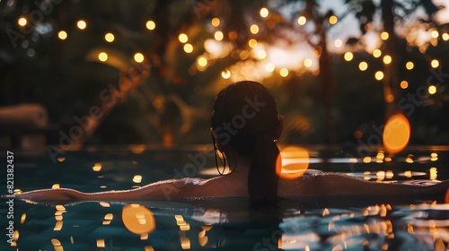 Woman in a relaxing outdoor pool at sunset, surrounded by glowing fairy lights, enjoying a serene evening ambiance.
