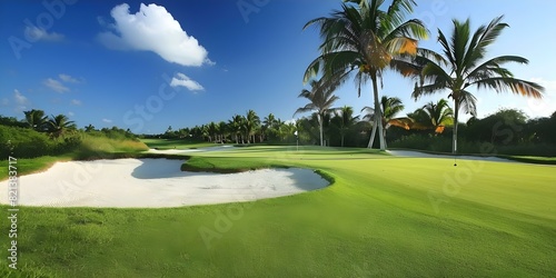 Tropical golf course with palm trees and sand exuding elegance and precision. Concept Tropical Setting, Golf Course, Palm Trees, Sand Traps, Elegance, Precision,