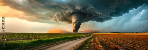 Tornado on dirt road with cloudy sky. Natural disaster, cataclysm concept. Cyclone, hurricane, storm. Climate change. Design for banner, wallpaper