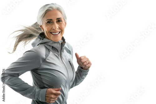 Senior woman running in sport wear. Active sports, maintaining healthy lifestyle. An elderly person moves towards longevity and well-being. Isolated on transparent background