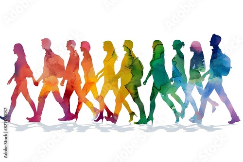 Colorful silhouette of people walking together in row, watercolor illustration. Queue united in equality, inclusive, respect of all individuals