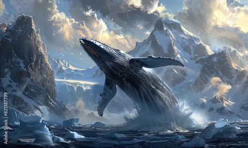 Majestic whale leaping near icy cliffs under cloudy skies