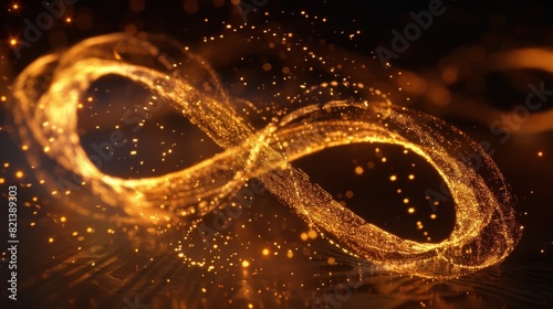 A guestbook with a picture of two particles entwined in an infinite loop signifying the eternal connection between the couple.
