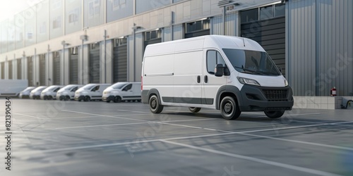 Delivery Van Fleet at Distribution Warehouse. The modern white vans in the parking lot are part of the logistics operations of the distribution center, ensuring efficient shipping and transportation
