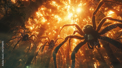 Creepy giant spiders in a misty forest - An atmospheric image depicting oversized spiders lurking among trees in a mysterious, foggy forest, evoking feelings of fantasy and horror