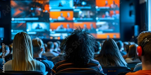 Audience in lecture hall watching presentation on large screen from behind. Concept Audience Engagement, Lecture Presentation, Multimedia Display, Education Technology, Interactive Learning