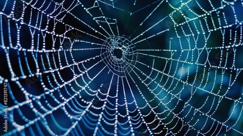 A macro photograph of a spiders web highlighting the similarities between the structure of a web and the interconnectedness of particles in the fabric of the universe.
