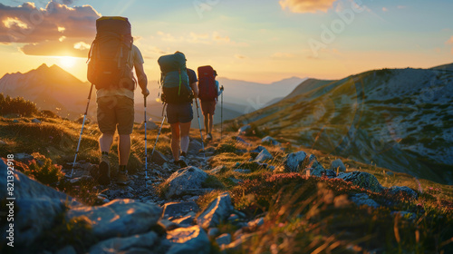Three hikers with backpacks trekking a mountain trail at sunset, with golden light.