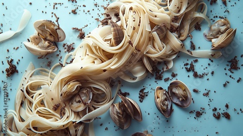  A close-up of a blue plate with clams and pasta on it, featuring a spoon