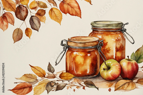 Apple jam in a glass jar and fresh apples, watercolor style illustration, generated AI.