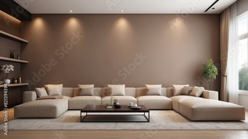 Modern brown lounge and living room interior design and mocha wall background