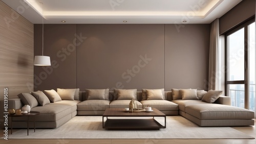 Modern brown lounge and living room interior design and mocha wall background