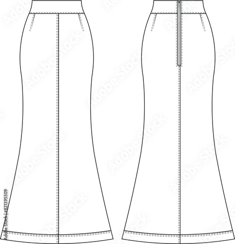 fit a-line body-con mermaid darted zippered long maxi skirt denim jean template technical drawing flat sketch cad mockup fashion woman design style model 