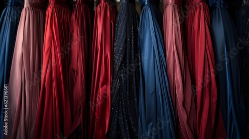 A rack of glamorous evening gowns in shades of ruby red and midnight blue, each one featuring a plunging neckline and a flowing chiffon skirt