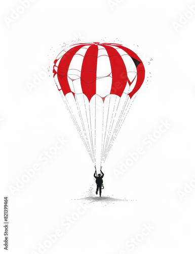 Illustration of a parachutist in a black suit landing with a red and white parachute against a plain white background.