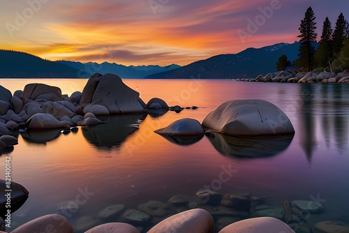 Purple Tahoe Sunset. Sunset at Sand Harbor, Lake Tahoe, Nevada. Large granite boulders reflecting into glassy water with warm light. 