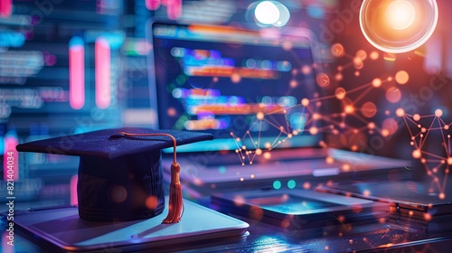 A graduation cap is positioned on top of a laptop computer, symbolizing the concept of online education and distance learning in the field of EdTech. Generative AI