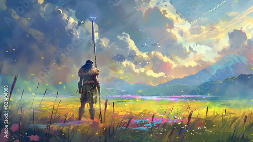 ancient warrior with the magic spear standing in the meadow, digital art style, illustration painting
