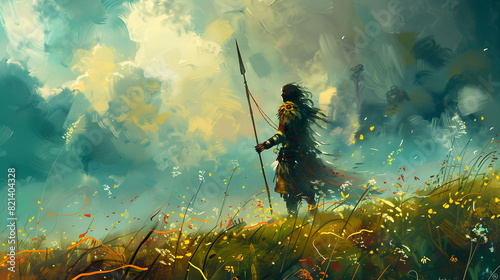 ancient warrior with the magic spear standing in the meadow, digital art style, illustration painting