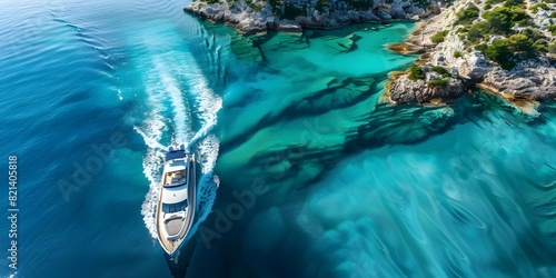Aerial view of a luxurious yacht on the Adriatic Sea on a sunny day. Concept Aerial Photography, Luxury Yacht, Adriatic Sea, Sunny Day