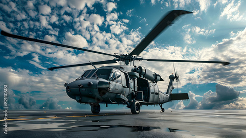 American utility helicopter Sikorsky UH-60 Black Hawk, isolated, sky background. Twin-engine military helicopter with M240 machine guns, air-to-ground missiles, Hydra rockets, bombs. Nato air force 3D